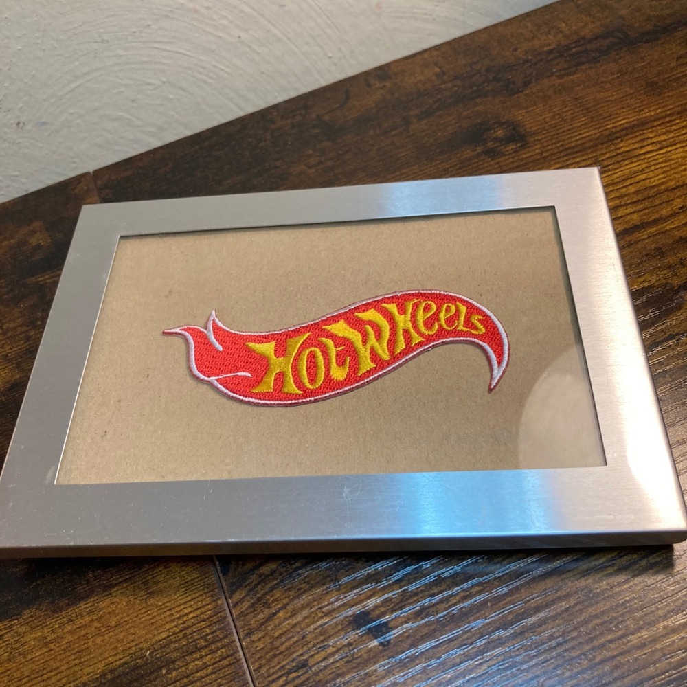 Hot Wheels Embroidered Logo Patch Framed Wall Art Tabletop Decor Silver 5x7